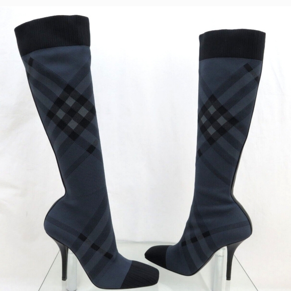 $1000 BURBERRY DOLMAN NAVY GRAY KNITTED CHECK KNEE HIGH HEEL SOCK BOOTS 38 - Picture 5 of 12